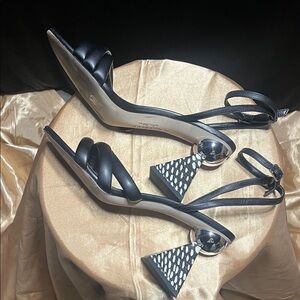 Black Braided Strap Heeled Sandals with Sculptural Geometric Heel